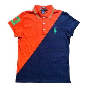 Women’s NWOT Ralph Lauren Golf Large Pony Orange Navy Blue Polo Shirt, sz Medium